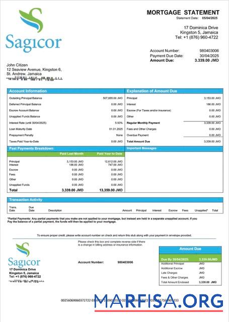 Professionell Jamaika Sagicor Bank Jamaika Limited Hypothek Kontoauszug Word and PDF Vorlage