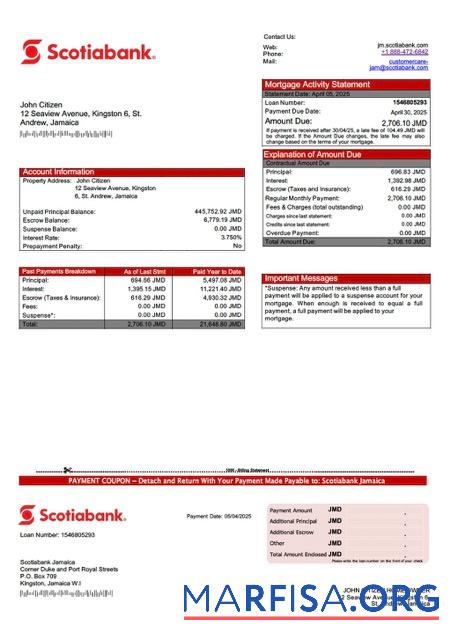 Bearbeitbar Jamaika Scotiabank┬áHypothek Kontoauszug Word and PDF Vorlage