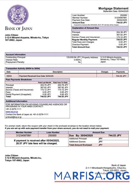 Professionell Japan Bank of Japan Hypothek Kontoauszug Word and PDF Vorlage
