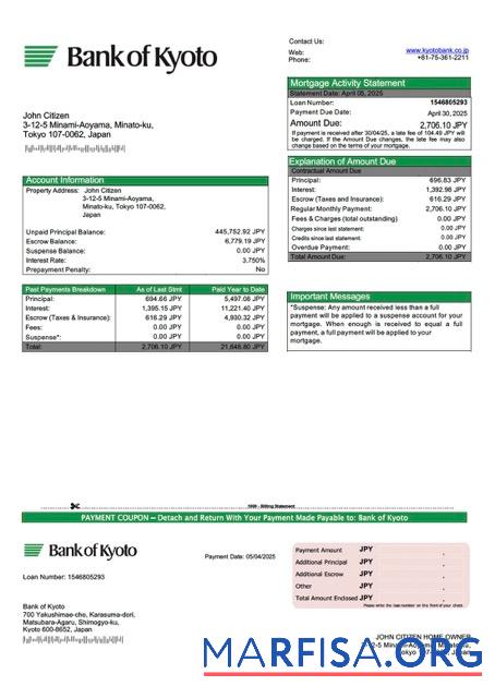 Professionell Japan Bank of Kyoto Hypothek Kontoauszug Word and PDF Vorlage