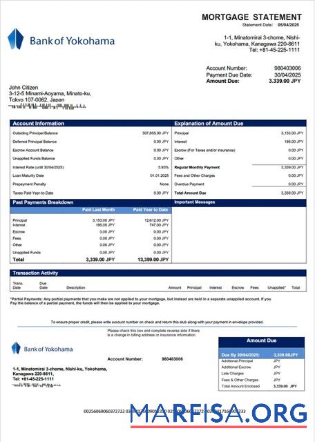 Premium Japan Bank of Yokohama Hypothek Kontoauszug Word and PDF Vorlage