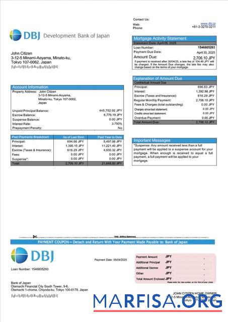 Realistisch Japan Development Bank of Japan (DBJ) Hypothek Kontoauszug Word and PDF Vorlage