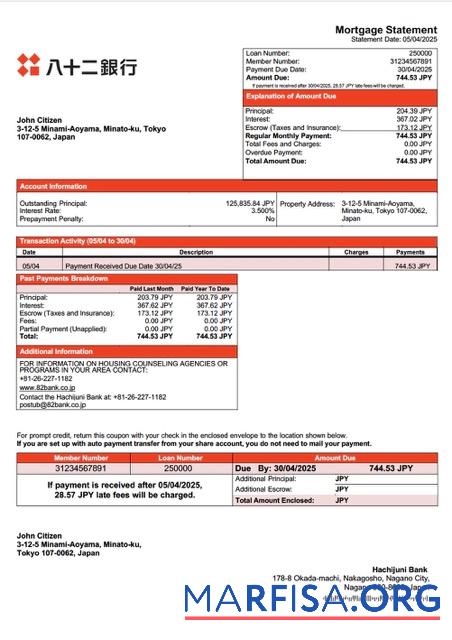 Premium Japan Hachijuni Bank Hypothek Kontoauszug Word and PDF Vorlage