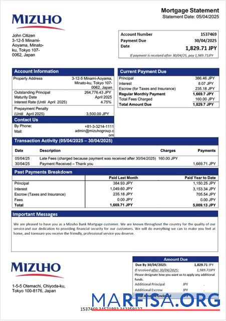 Professionell Japan Mizuho Bank Hypothek Kontoauszug Word and PDF Vorlage