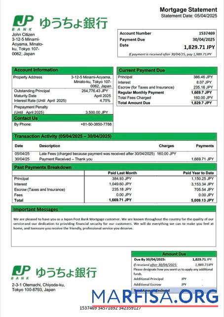 Professionell Japan Post Bank Hypothek Kontoauszug Word and PDF Vorlage