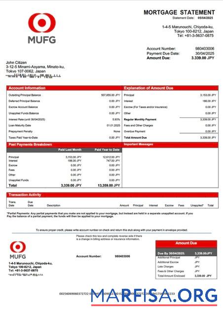 Bearbeitbar Japan The Bank of Tokyo Mitsubishi UFJ (MUFG) Hypothek Kontoauszug Word and PDF Vorlage