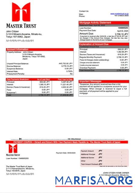 Bearbeitbar Japan The Master Trust Bank of Japan Hypothek Kontoauszug Word and PDF Vorlage