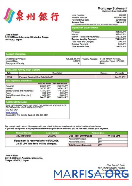 Professionell Japan The Senshu╠ä Bank Hypothek Kontoauszug Word and PDF Vorlage