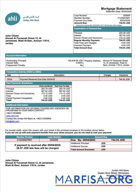 Professionell Jordanien Ahli Bank Hypothek Kontoauszug Word and PDF Vorlage