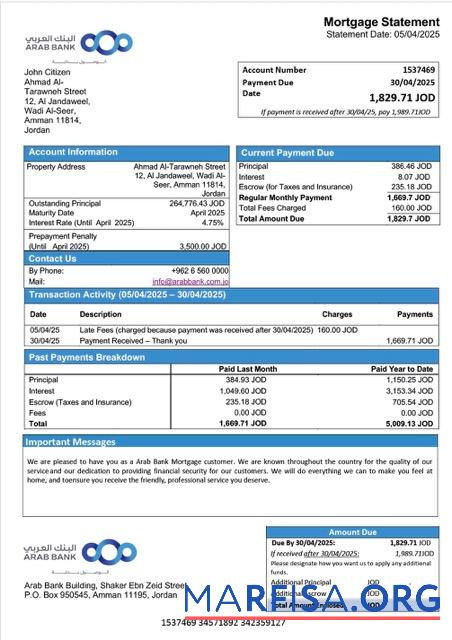 Hohe Qualität Jordanien Arab Bank Hypothek Kontoauszug Word and PDF Vorlage