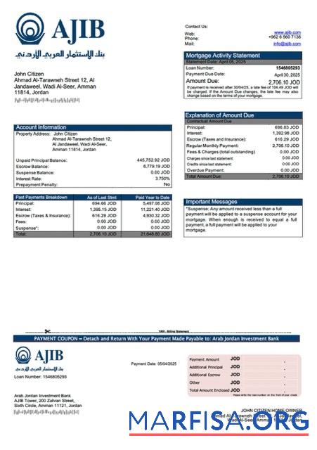 Realistisch Jordanien Arab Jordanien Investition Bank (AJIB) Hypothek Kontoauszug Word and PDF Vorlage