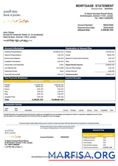 Professionell Jordanien Bank of Jordanien Hypothek Kontoauszug Word and PDF Vorlage