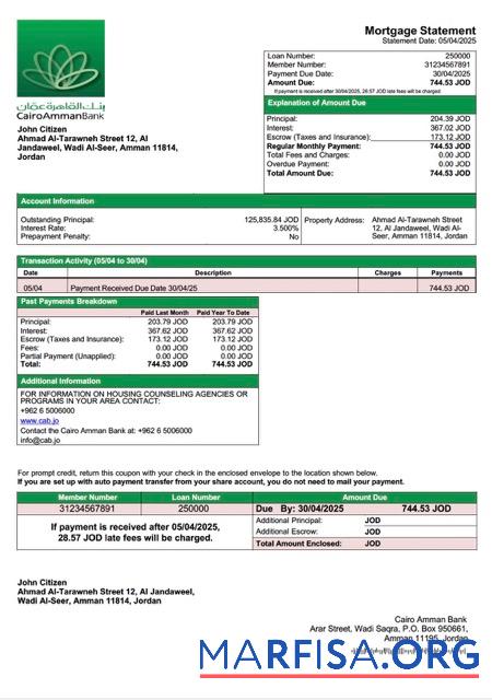 Hohe Qualität Jordanien Cairo Amman Bank Hypothek Kontoauszug Word and PDF Vorlage