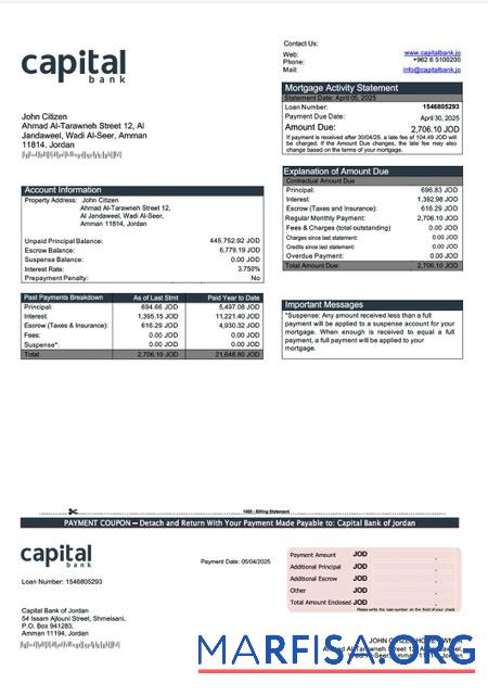 Premium Jordanien Capital Bank of Jordanien Hypothek Kontoauszug Word and PDF Vorlage