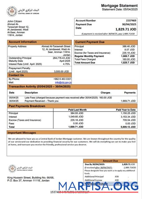 Bearbeitbar Jordanien Central Bank of Jordanien Hypothek Kontoauszug Word and PDF Vorlage