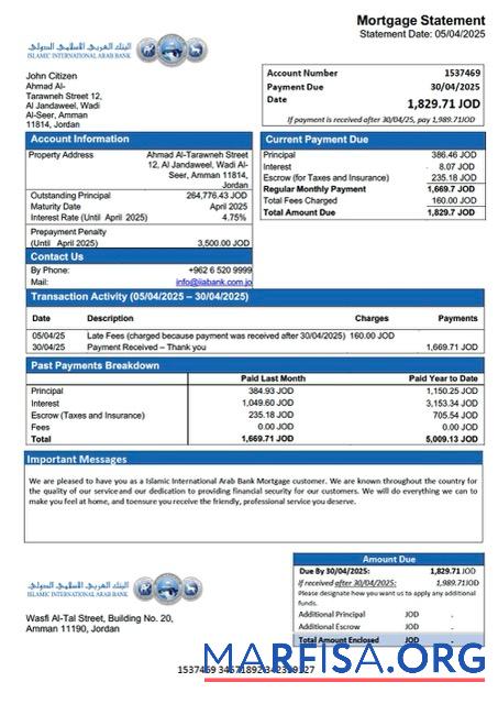 Bearbeitbar Jordanien Islamic International Arab Bank Hypothek Kontoauszug Word and PDF Vorlage