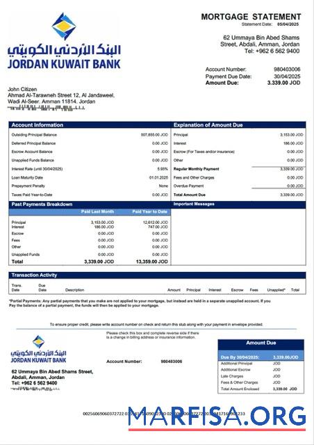 Realistisch Jordanien Kuwait Bank Hypothek Kontoauszug Word and PDF Vorlage