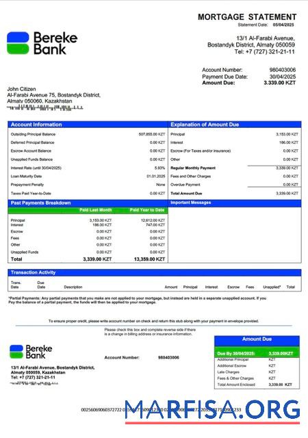 Premium Kasachstan Bereke Bank Kasachstan┬áHypothek Kontoauszug Word and PDF Vorlage