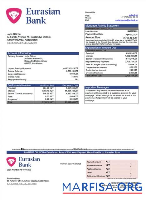 Bearbeitbar Kasachstan Eurasian Bank┬áHypothek Kontoauszug Word and PDF Vorlage