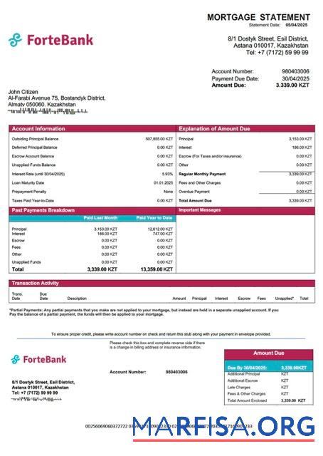 Realistisch Kasachstan ForteBank┬áHypothek Kontoauszug Word and PDF Vorlage