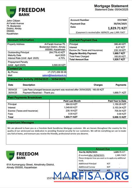 Bearbeitbar Kasachstan Freedom Bank Kasachstan┬áHypothek Kontoauszug Word and PDF Vorlage