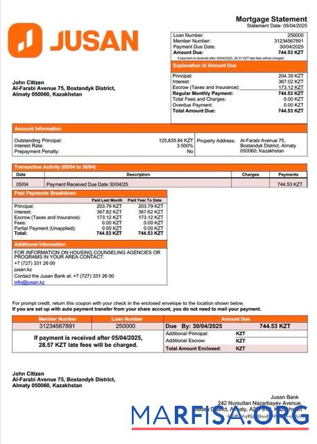 Hohe Qualität Kasachstan Jusan Bank┬áHypothek Kontoauszug Word and PDF Vorlage