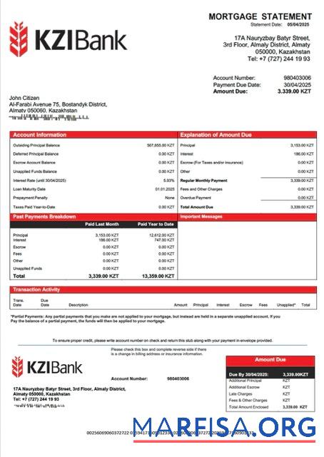 Realistisch Kasachstan KZI Bank Hypothek Kontoauszug Word and PDF Vorlage