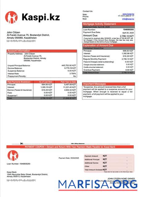 Bearbeitbar Kasachstan Kaspi Bank Hypothek Kontoauszug Word and PDF Vorlage