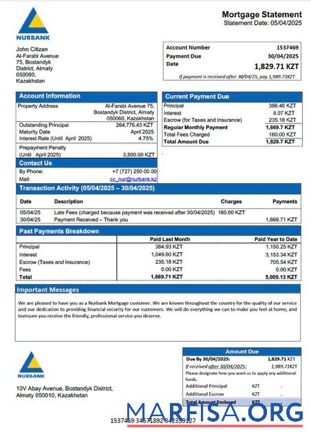 Professionell Kasachstan Nurbank Hypothek Kontoauszug Word and PDF Vorlage