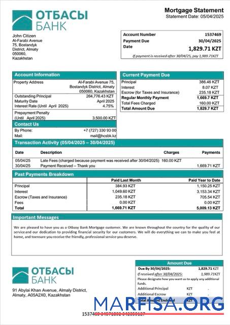 Realistisch Kasachstan Otbasy Bank Hypothek Kontoauszug Word and PDF Vorlage