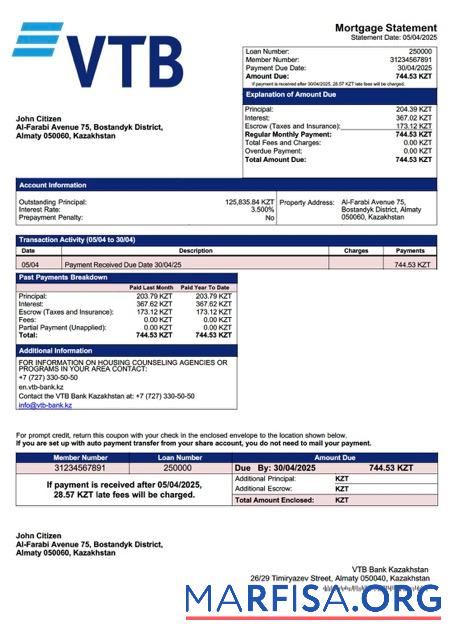 Realistisch Kasachstan VTB Bank Kasachstan┬áHypothek Kontoauszug Word and PDF Vorlage