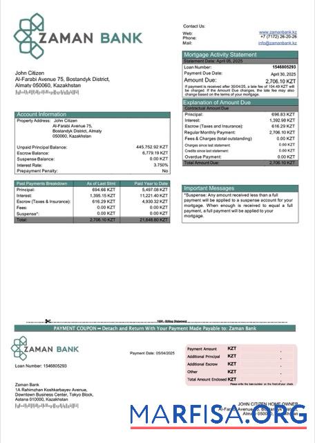Realistisch Kasachstan Zaman Bank┬áHypothek Kontoauszug Word and PDF Vorlage