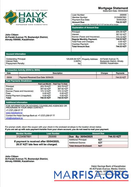Professionell Kasachstan┬áHalyk Savings Bank of Kasachstan Hypothek Kontoauszug Word and PDF Vorlage
