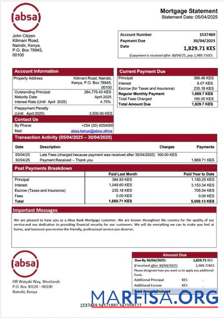 Hohe Qualität Kenia Absa Bank Hypothek Kontoauszug Word and PDF Vorlage