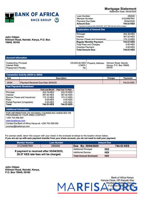 Realistisch Kenia Bank of Africa Kenia Hypothek Kontoauszug Word and PDF Vorlage