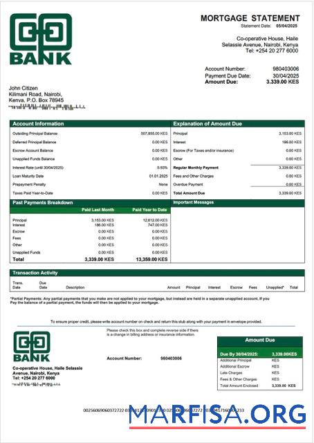 Premium Kenia Co operative Bank of Kenia Hypothek Kontoauszug Word and PDF Vorlage