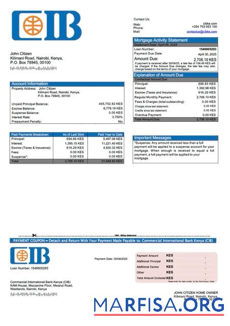 Realistisch Kenia Kommerziell International Bank Kenia (CIB) Hypothek Kontoauszug Word and PDF Vorlage