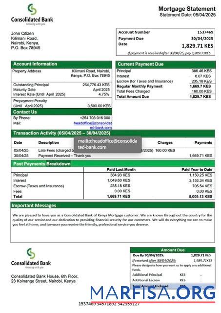 Professionell Kenia Consolidated Bank of Kenia Hypothek Kontoauszug Word and PDF Vorlage