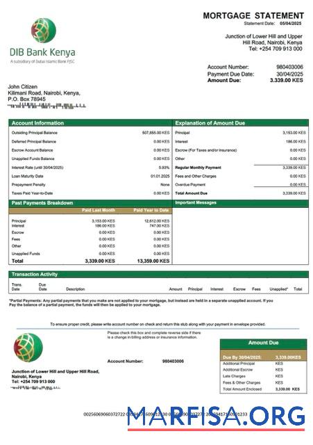 Hohe Qualität Kenia DIB Bank Kenia Hypothek Kontoauszug Word and PDF Vorlage