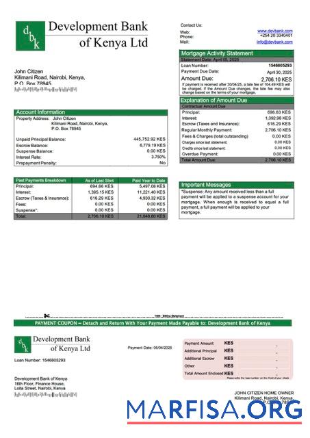 Professionell Kenia Development Bank of Kenia Hypothek Kontoauszug Word and PDF Vorlage