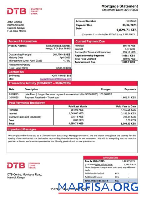 Realistisch Kenia Diamond Trust Bank Kenia Hypothek Kontoauszug Word and PDF Vorlage
