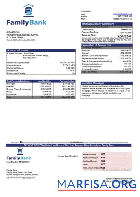 Professionell Kenia Family Bank Hypothek Kontoauszug Word and PDF Vorlage