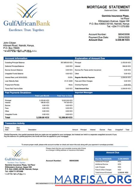 Professionell Kenia Gulf African Bank Hypothek Kontoauszug Word and PDF Vorlage
