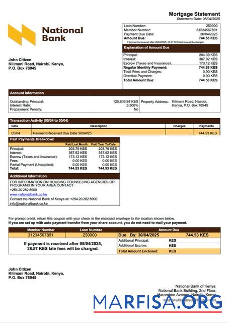 Hohe Qualität Kenia National Bank of Kenia Hypothek Kontoauszug Word and PDF Vorlage