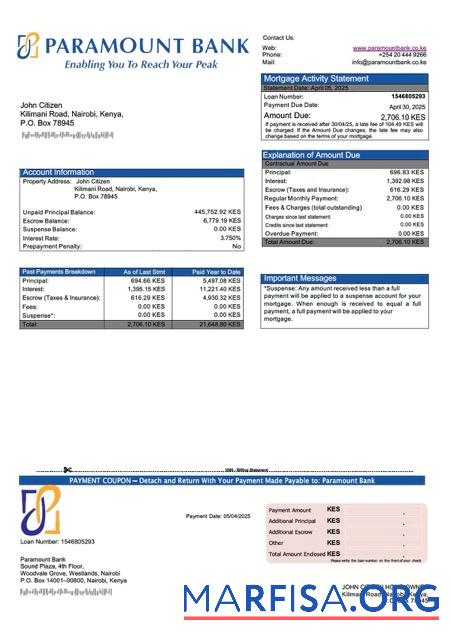 Bearbeitbar Kenia Paramount Bank Hypothek Kontoauszug Word and PDF Vorlage
