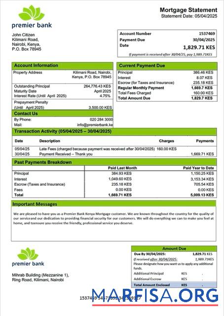 Premium Kenia Premier Bank Kenia Hypothek Kontoauszug Word and PDF Vorlage