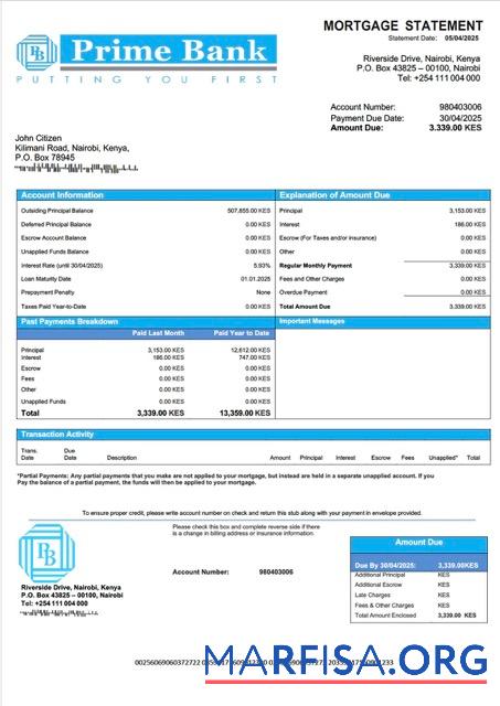 Professionell Kenia Prime Bank Hypothek Kontoauszug Word and PDF Vorlage