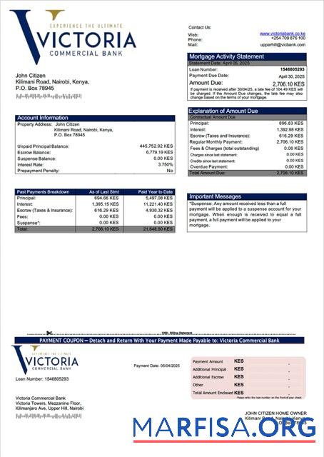 Hohe Qualität Kenia Victoria Kommerziell Bank Hypothek Kontoauszug Word and PDF Vorlage