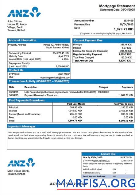 Realistisch Kiribati┬áANZ Bank Hypothek Kontoauszug Word and PDF Vorlage