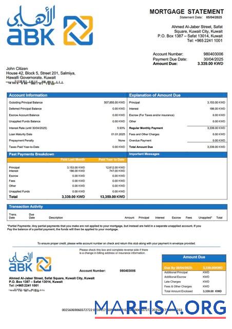 Professionell Kuwait Al Ahli Bank of Kuwait Hypothek Kontoauszug Word and PDF Vorlage